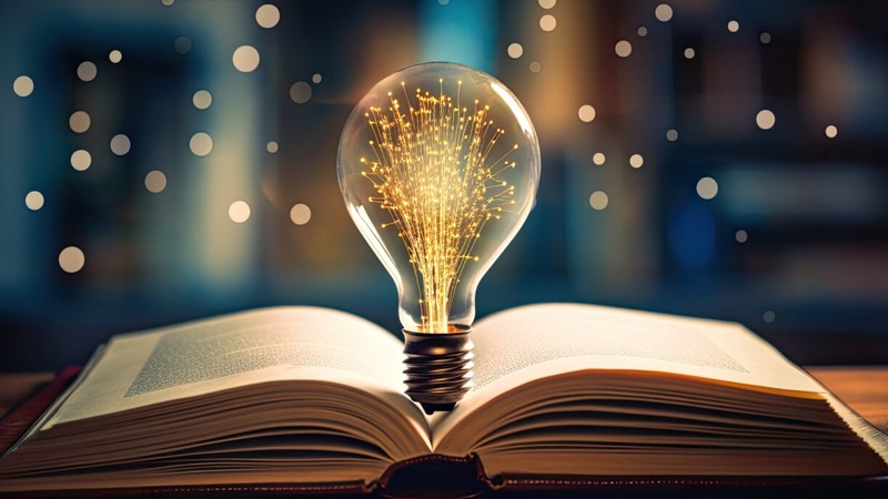 Open book with a glowing light bulb at its center, featuring golden filaments and a warm, bokeh-lit background.